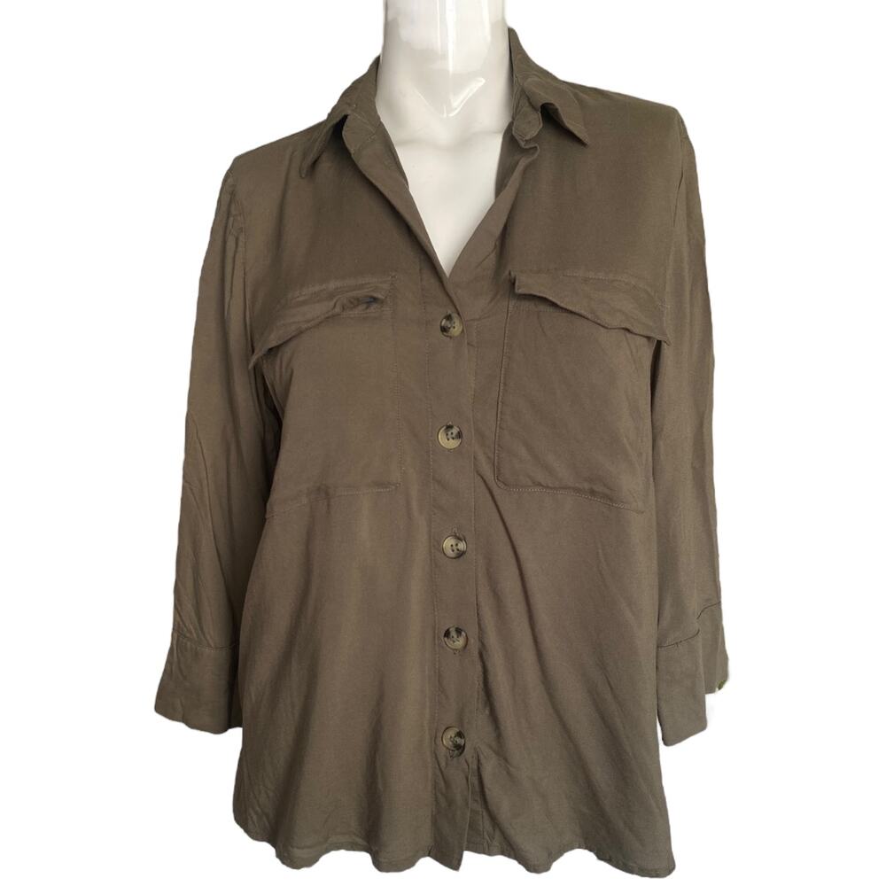 H&M Divided Button Down Khaki Green Blouse Size 4